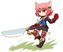 Rule 34 | 1girl, 7th dragon, 7th dragon (series), animal ear fluff, animal ears, belt, belt buckle, black footwear, black shorts, blue jacket, blush, boots, buckle, cat ears, closed mouth, commentary request, fighter (7th dragon), gloves, green eyes, hair between eyes, hair bobbles, hair ornament, harukara (7th dragon), holding, holding sword, holding weapon, jacket, knee boots, long sleeves, looking at viewer, naga u, navel, one side up, pink hair, red gloves, short shorts, shorts, solo, striped clothes, striped thighhighs, sword, thighhighs, thighhighs under boots, weapon, white background, white belt