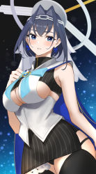 Rule 34 | 1girl, black thighhighs, blue eyes, blue hair, bow, bowtie, breasts, chain, chain headband, cleavage, cleavage cutout, clothing cutout, earrings, hairband, halo, hand on own chest, head chain, headgear, highres, hololive, hololive english, jewelry, large breasts, looking at viewer, mechanical halo, ouro kronii, panties, panty peek, parted lips, renzu (lens 02), ribbon, ribbon earrings, sailor collar, skirt, solo, thighhighs, thighs, underwear, virtual youtuber