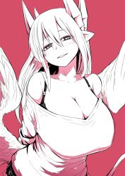 Rule 34 | 1girl, bare shoulders, bra, breasts, cleavage, closed eyes, demon girl, dress, greyscale, greyscale with colored background, hair between eyes, half-closed eyes, highres, horns, huge breasts, looking at viewer, lorem (mazohaha), low wings, monochrome, musuko ga kawaikute shikatanai mazoku no hahaoya, parted lips, pointy ears, red background, short shorts, shorts, simple background, slit pupils, smile, solo, sweater, sweater dress, tail, underwear, upper body, wings, zyugoya
