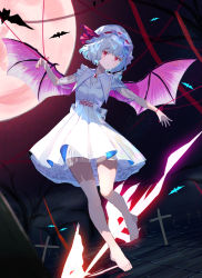 Rule 34 | 1girl, back bow, bare tree, barefoot, bat (animal), bat wings, blue hair, bound, bow, brooch, closed mouth, commentary request, cross, dress, floating, frilled skirt, frills, full body, gem, hat, hat ribbon, huge moon, jewelry, latin cross, looking at viewer, mob cap, moon, nail polish, night, night sky, purple wings, red eyes, red gemstone, red moon, red nails, red ribbon, rei (farta litia), remilia scarlet, ribbon, see-through, see-through sleeves, short hair, short sleeves, skirt, sky, solo, spear the gungnir, star (sky), starry sky, tied up (nonsexual), touhou, tree, white bow, white dress, white hat, wings