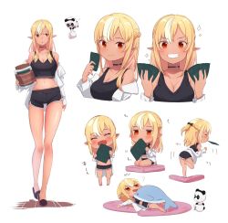 Rule 34 | 1girl, alternate costume, animal ears, blonde hair, breasts, card, cat ears, chibi, choker, cleavage, coffee cup, crop top, cup, dancing, dark-skinned female, dark skin, disposable cup, dolphin, dolphin shorts, dress shirt, eating, elf, exercising, full body, grin, holding, holding card, holding jar, hololive, jar, kintsuba (shiranui flare), legs, looking at viewer, lying, medium breasts, mini person, minigirl, multicolored hair, multiple views, nori (seaweed), off shoulder, on back, pointy ears, red eyes, sasaki (glass1138), shiranui flare, shirt, short shorts, shorts, simple background, slippers, smile, sparkle, streaked hair, tank top, thighs, virtual youtuber, white background
