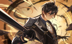 Rule 34 | 1boy, absurdres, black gloves, brown hair, collared shirt, commentary request, earrings, eyeliner, formal, genshin impact, gloves, gradient hair, hair between eyes, highres, holding, holding polearm, holding weapon, jacket, jewelry, long hair, long sleeves, looking at viewer, makeup, male focus, multicolored hair, necktie, open mouth, orange hair, polearm, ponytail, shirt, single earring, solo, suit, tassel, tassel earrings, tatty, thumb ring, weapon, white necktie, yellow eyes, zhongli (genshin impact)