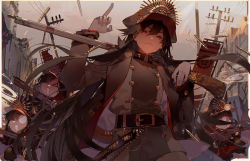 Rule 34 | &gt; &lt;, 4girls, antique firearm, artist name, belt, belt buckle, black hair, buckle, building, bullet, buttons, chain, chibi, commentary request, copyright name, double-breasted, fate/grand order, fate (series), firearm, firing, flag, gloves, gun, hair between eyes, hand up, hat, holding, holding gun, holding weapon, jacket, kawacy, keikenchi (style), koha-ace, long hair, long sleeves, looking at viewer, middle finger, multiple girls, oda nobunaga (fate), oda nobunaga (koha-ace), oda uri, official alternate costume, outdoors, over shoulder, peaked cap, power lines, red eyes, sky, smile, smoke, standing, weapon, weapon over shoulder, white gloves