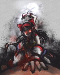 Rule 34 | 1girl, ainu clothes, arm support, blood, breasts, fighting stance, fingerless gloves, gloves, glowing, glowing eyes, hair ribbon, highres, kneeling, legs, long hair, looking at viewer, nakoruru, pants, red eyes, ribbon, samurai spirits, serious, shaded face, small breasts, snk, solo, the king of fighters, the king of fighters xv, thighs, weapon