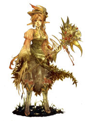 1girl boots brown_hair cropped_jacket dress earrings flower foliage full_body green_dress hat hat_feather holding holding_staff jewelry juliet_sleeves long_fingers long_hair long_pointy_ears long_sleeves looking_at_viewer mage_staff parted_lips pixiv_fantasia pixiv_fantasia_1 plant pointy_ears puffy_sleeves simple_background single_earring solo staff standing white_background yoki_(yotosekka)