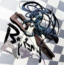 Rule 34 | 10s, 1girl, arm cannon, bikini, bikini top only, black hair, black rock shooter, black rock shooter (character), blue eyes, boots, cannon, chain, female focus, flat chest, full body, glowing, glowing eyes, highres, jacket, long hair, nagy, navel, pale color, pale skin, scar, shorts, solo, swimsuit, sword, twintails, very long hair, weapon