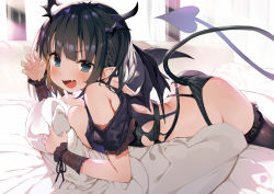 Rule 34 | 1girl, :d, arched back, ass, bare shoulders, bed, black bra, black hair, black panties, black thighhighs, blue eyes, bra, braid, breasts, cleavage, crop top, demon girl, demon horns, demon tail, demon wings, fang, gaou (umaiyo puyoman), horns, lingerie, looking at viewer, lying, medium breasts, medium hair, off shoulder, on bed, on stomach, open mouth, original, panties, pillow, pointy ears, sidelocks, smile, solo, tail, thighhighs, underwear, v-shaped eyebrows, wings