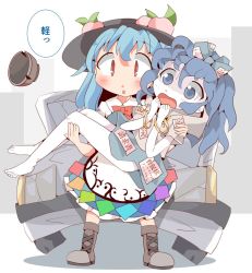 Rule 34 | 2girls, :o, barefoot, blue eyes, blue hair, blush, boots, bow, bowl, bracelet, car, carrying, commentary, dress, food, food on head, fruit, fruit on head, hair bow, hat, hinanawi tenshi, jewelry, keikou ryuudou, messy hair, motor vehicle, multiple girls, object on head, pale skin, peach, princess carry, red eyes, touhou, turn pale, wreckage, yorigami shion