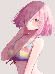 Rule 34 | 1girl, bikini, blush, breasts, cleavage, closed mouth, collarbone, fate/grand order, fate (series), grey background, hair over one eye, half-closed eyes, harukappa, highres, looking at viewer, mash kyrielight, medium breasts, medium hair, official alternate costume, pink hair, purple eyes, red ribbon, ribbon, smile, solo, straight hair, striped bikini, striped clothes, swimsuit, upper body