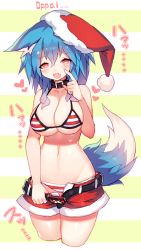 Rule 34 | 1girl, :d, animal ear fluff, animal ears, belt, bikini, blue hair, blush, breasts, christmas, cleavage, collar, fang, hat, heart, heart-shaped pupils, highres, huge breasts, looking at viewer, mamuru, navel, open mouth, original, red eyes, santa hat, shorts, smile, solo, striped bikini, striped clothes, swimsuit, symbol-shaped pupils, tail