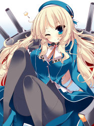 Rule 34 | 10s, 1girl, ;p, akikaze tsumuji, atago (kancolle), beret, black gloves, black pantyhose, blonde hair, blue eyes, blush, breasts, cannon, gloves, hat, high heels, jacket, kantai collection, long hair, military, military jacket, military uniform, one eye closed, pantyhose, personification, smile, solo, star (symbol), tongue, tongue out, turret, uniform, wink