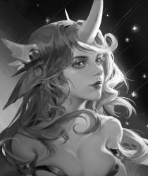Rule 34 | 1girl, absurdres, aling (shanatans), bare shoulders, black background, breasts, cleavage, closed mouth, collarbone, gradient background, greyscale, hair ornament, highres, horns, league of legends, long hair, monochrome, single horn, skindentation, solo, soraka (league of legends), star (symbol), star guardian (league of legends), star guardian soraka