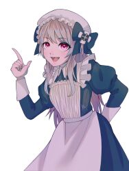 Rule 34 | 1girl, alternate costume, apron, arm behind back, bad id, bad twitter id, blonde hair, chaos marie (grimms notes), grimms notes, hair ribbon, highres, long hair, maid, open mouth, pink eyes, puffy sleeves, ribbon, roche xx2, simple background, smile, solo, victorian maid, white background