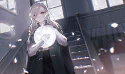 Rule 34 | 1girl, absurdres, ball, black pants, black robe, cloak, commentary, english commentary, grey hair, hair over one eye, highres, holding, holding ball, indoors, long hair, long sleeves, looking at viewer, moon, original, oyuyu, pants, red cloak, red eyes, robe, shirt, solo, stairs, standing, swept bangs, white shirt, window