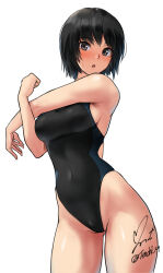 Rule 34 | 1girl, amagami, armpits, back cutout, bare shoulders, black eyes, black hair, black one-piece swimsuit, blue one-piece swimsuit, blush, breasts, clothing cutout, commentary, competition swimsuit, covered navel, cowboy shot, gluteal fold, highleg, highleg swimsuit, highres, looking at viewer, medium breasts, nanasaki ai, one-piece swimsuit, open mouth, short hair, sideboob, signature, simple background, solo, standing, stretching, swimsuit, thighs, twitter username, two-tone swimsuit, white background, yoo tenchi