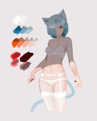 Rule 34 | 1girl, animal ears, arms at sides, bare arms, bare shoulders, blue hair, bra, breasts, cat ears, cat girl, cat tail, cleavage, closed mouth, color guide, cropped legs, deel (rkeg), expressionless, garter belt, grey background, highres, lingerie, looking at viewer, navel, original, panties, simple background, sketch, small breasts, standing, stomach, strapless, strapless bra, tail, thighhighs, underwear, underwear only, white bra, white panties, white thighhighs