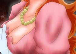Rule 34 | 1girl, breasts, cleavage, close-up, door, dragon quest, dress, elbow gloves, gloves, hand on own chest, hot, jewelry, large breasts, long hair, mugen5657, necklace, orange hair, pink dress, princess laura, signature, steaming body, sweat, white gloves