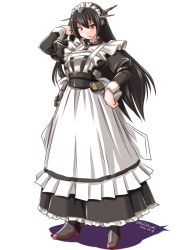 Rule 34 | 10s, 1girl, alternate costume, apron, black dress, boots, breasts, dress, enmaided, hand in own hair, hand on own hip, headgear, kantai collection, long hair, maid, maid apron, maid headdress, nagato (kancolle), red eyes, solo, tatsumi ray