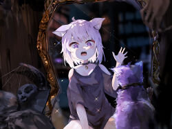 Rule 34 | 1girl, aged down, animal ears, cat, cat ears, cat girl, collar, commentary request, different reflection, dual persona, funi mu9, highres, hololive, indoors, mirror, nekomata okayu, off shoulder, open mouth, purple eyes, purple hair, reflection, shirt, short hair, sitting, solo, virtual youtuber
