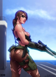 Rule 34 | 1girl, ass, asymmetrical gloves, barretxiii, bikini, bikini top only, black bikini, breasts, brown hair, cleavage, front-tie bikini top, front-tie top, gloves, grey eyes, gun, handgun, highres, holster, large breasts, lips, lipstick, long hair, looking at viewer, makeup, metal gear (series), metal gear solid v: the phantom pain, mismatched gloves, nose, pantyhose, pistol, ponytail, quiet (metal gear), rifle, scope, sniper rifle, solo, strap gap, suspenders, swimsuit, thigh holster, thong, toned, torn clothes, torn pantyhose, weapon