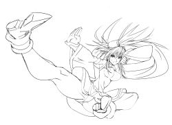 Rule 34 | 1girl, boots, breasts, cai-man, earrings, expressionless, fighting, full body, greyscale, guilty gear, happy, jewelry, kicking, kuradoberi jam, lineart, long hair, looking at viewer, monochrome, nty-in-the-house, outstretched arms, simple background, sketch, smile, solo, spread legs, white background