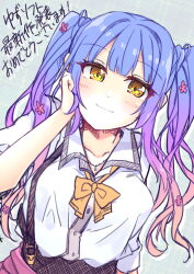 Rule 34 | 1girl, blue hair, blunt bangs, blush, bow, breasts, brown skirt, closed mouth, collar, collarbone, commentary, eyelashes, flower, gradient hair, hair flower, hair ornament, hand on own cheek, hand on own face, head tilt, highres, jewelry, kohibari kurumi, large breasts, long hair, multicolored hair, necklace, orange hair, oruto (ort+), red flower, sidelocks, sketch, skirt, sleeves rolled up, smile, solo, suspender skirt, suspenders, tenshi souzou re-boot!, translation request, twintails, very long hair, wavy hair, white collar, wing collar, yellow bow, yellow eyes