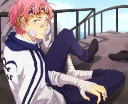 Rule 34 | 1boy, bandages, bandaid, blue sky, koby (one piece), eyewear on head, glasses, headband, looking at viewer, mako1124, male focus, marines, ocean, one piece, outdoors, over shoulder, pink hair, ship, sitting, sky, solo, uniform, watercraft