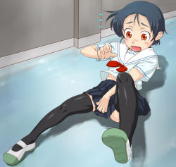 Rule 34 | 1girl, bad anatomy, bad proportions, black thighhighs, blue hair, covering privates, covering crotch, pirano, poorly drawn, red eyes, school uniform, serafuku, shoes, short hair, solo, thighhighs, uwabaki
