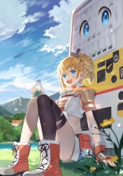 Rule 34 | 1girl, 1other, absurdres, arm support, armor, belt pouch, blonde hair, blue eyes, blue shorts, blue sky, blurry, blurry foreground, blush, boots, bottle, braid, braided ponytail, choker, cloud, collared shirt, cover image, crop top, cross-laced footwear, day, fingerless gloves, flower, gloves, hakkon (jihanki), highres, holding, holding bottle, jidouhanbaiki ni umarekawatta ore wa meikyuu wo samayou, knees up, lace-up boots, lammis (jihanki), long hair, looking at viewer, midriff, nature, novel illustration, official art, on grass, open mouth, outdoors, pouch, red footwear, red gloves, round teeth, second-party source, shirt, short shorts, shorts, shoulder armor, single thighhigh, sitting, sky, smile, teeth, textless version, thighhighs, thighs, tied shirt, upper teeth only, vending machine, white shirt, yuuki hagure