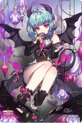 Rule 34 | 1girl, ahoge, aqua hair, black background, black horns, black wings, bow, bridal gauntlets, demon tail, demon wings, heart, highres, horns, kiera (soccer spirits), looking at viewer, official art, pika (kai9464), pink bow, pink eyes, pointy ears, short hair, sidelocks, simple background, sitting, smiley face, soccer spirits, solo, tail, toes, wings