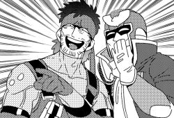 Rule 34 | 2boys, bad id, bad pixiv id, captain falcon, crossover, f-zero, gabu kichi, gloves, greyscale, halftone, headband, helmet, laughing, male focus, metal gear (series), metal gear solid, monochrome, multiple boys, nintendo, open mouth, pointing, scarf, smile, solid snake, super smash bros., white background