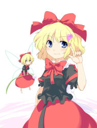 Rule 34 | 1girl, batsu, blonde hair, blue eyes, blush, bored, bow, bowtie, doll, doll joints, fairy wings, female focus, flower, hair bow, hair ribbon, heart, index finger raised, joints, lily of the valley, medicine melancholy, neck ribbon, pointing, ribbon, short hair, simple background, smile, smirk, solo, su-san, touhou, wings