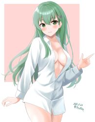 Rule 34 | 1girl, ame-san, breasts, collared shirt, cowboy shot, dated, green eyes, green hair, hair ornament, hairclip, highres, kantai collection, long hair, long sleeves, medium breasts, naked shirt, partially unbuttoned, revision, shirt, smile, solo, standing, suzuya (kancolle), twitter username, very long hair, white shirt