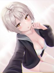 Rule 34 | 1girl, black jacket, bra, breasts, brown eyes, chromatic aberration, cleavage, collarbone, from above, hand up, highres, jacket, large breasts, long sleeves, looking at viewer, open clothes, open jacket, original, parted lips, reinama, selfie, short hair, silver hair, solo, thighhighs, underwear, white bra, white thighhighs