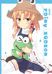 Rule 34 | 1girl, 2019, beritabo, blonde hair, blue background, blue skirt, blue vest, blush, brown eyes, brown footwear, brown hat, closed mouth, commentary request, hair between eyes, hair ribbon, hat, hugging object, loafers, long hair, long sleeves, looking at viewer, moriya suwako, pleated skirt, red ribbon, ribbon, ribbon-trimmed sleeves, ribbon trim, shoes, sitting, skirt, smile, solo, stuffed animal, stuffed frog, stuffed toy, thighhighs, touhou, two-tone background, vest, wariza, water drop, white background, white thighhighs, wide sleeves