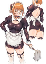 Rule 34 | 1girl, apron, ass, back, black bow, black dress, blush, bow, breasts, cleavage, cleavage reach, doushimasho, dress, frills, glasses, gloves, hair bow, half gloves, hand on own hip, highres, juliet sleeves, large breasts, long sleeves, looking at viewer, maid, maid headdress, multiple views, orange eyes, orange hair, original, pencil dress, puffy sleeves, short hair, short ponytail, simple background, skin tight, thighs, waist apron, white apron, white background, white gloves, white legwear