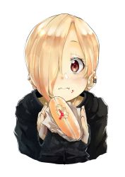 Rule 34 | 10s, 1girl, :t, blonde hair, brown eyes, closed mouth, collarbone, earclip, earrings, food, food on face, highres, holding, holding food, hood, hooded sweater, idolmaster, idolmaster cinderella girls, jewelry, looking at viewer, shirasaka koume, short hair, simple background, sleeves past wrists, solo, sumi (oyasumie), sweater, upper body, white background