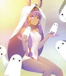 Rule 34 | 1girl, animal ears, competition swimsuit, covered erect nipples, dark-skinned female, dark skin, earrings, facial mark, fate/grand order, fate (series), hairband, highres, hoop earrings, invisible chair, jewelry, long hair, looking at viewer, medjed (fate), nitocris (fate), nitocris (fate/grand order), nitocris (swimsuit assassin) (fate), nitocris (swimsuit assassin) (second ascension) (fate), one-piece swimsuit, purple eyes, purple hair, sitting, smile, solo, swimsuit, very long hair, yahoo0124