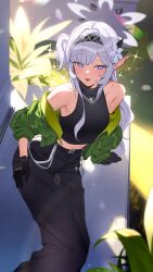Rule 34 | 1girl, arm support, bare shoulders, black gloves, black pants, black shirt, blue archive, blush, cropped shirt, earclip, flower, gloves, grey halo, hair flower, hair ornament, halo, highres, himari (blue archive), long hair, looking at viewer, mole, mole under eye, off shoulder, pants, pointy ears, purple eyes, shirt, sleeveless, sleeveless shirt, solo, tongue, tongue out, white flower, white halo, zanya 000