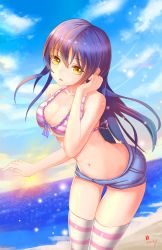 Rule 34 | 1girl, arm up, bikini, bikini top only, blue hair, blush, breasts, cleavage, commentary request, cowboy shot, day, friker, front-tie top, hair between eyes, highres, long hair, looking at viewer, love live!, love live! school idol project, medium breasts, navel, open mouth, outdoors, parted lips, short shorts, shorts, solo, sonoda umi, striped bikini, striped bikini top, striped clothes, striped thighhighs, swimsuit, thighhighs, yellow eyes