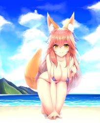 Rule 34 | 10s, 1girl, absurdres, animal ears, bad id, bad pixiv id, bikini, blue bikini, blush, breasts, cleavage, covered erect nipples, day, fate/extra, fate/grand order, fate (series), fox ears, fox tail, highres, large breasts, long hair, looking at viewer, momoriko, navel, ocean, outdoors, pink hair, solo, swimsuit, tail, tamamo (fate), tamamo no mae (fate/extra), tamamo no mae (swimsuit lancer) (fate), yellow eyes