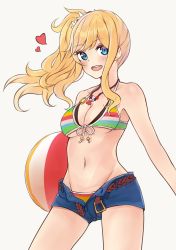 Rule 34 | 10s, 1girl, :d, ball, beachball, belt, bikini, bikini under clothes, blonde hair, blue eyes, heart, highres, idolmaster, idolmaster cinderella girls, long hair, multicolored stripes, ohtsuki yui, open belt, open fly, open mouth, sagusa (link 041), shorts, side ponytail, simple background, smile, solo, striped bikini, striped clothes, swimsuit, unbuckled, unbuttoned, unzipped