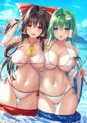 Rule 34 | 2girls, :d, :o, absurdres, bare arms, bare shoulders, bikini, black hair, blue eyes, blue sky, breasts, cleavage, cloud, collarbone, cowboy shot, day, duplicate, frog hair ornament, gluteal fold, gohei, green hair, groin, hair ornament, hair tubes, hakurei reimu, hand in own hair, highres, holding, holding stick, in water, kochiya sanae, large breasts, liya, long hair, looking at viewer, mountainous horizon, multiple girls, navel, ocean, open mouth, outdoors, parted lips, pixel-perfect duplicate, red eyes, side-tie bikini bottom, sideboob, sky, smile, stick, swimsuit, thigh gap, thighs, touhou, underboob, wading, water, water drop, wet, white bikini, wide sleeves, yellow neckwear
