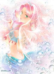 Rule 34 | 1girl, bare shoulders, blue eyes, bracelet, breasts, bubble, closed mouth, commentary request, dragon quest, dragon quest xi, earrings, from side, hands up, jewelry, light blush, long hair, looking at viewer, medium breasts, mermaid, monster girl, necklace, pearl bracelet, pink hair, red lips, romia (dq11), shina art, solo, tears, twitter username, veil, water