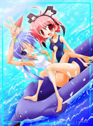 Rule 34 | 00s, 2007, 2girls, blush, food, ice cream, multiple girls, one-piece swimsuit, one eye closed, popsicle, swimsuit, water, watermelon bar, wink