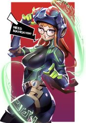 Rule 34 | 1girl, ass, black-framed eyewear, black bodysuit, blunt bangs, bodysuit, border, breasts, commentary, elbow pads, english commentary, english text, glasses, grin, head-mounted display, highres, lips, long hair, looking back, medium breasts, neon trim, orange hair, outside border, persona, persona 5, persona 5 the royal, purple eyes, reagan long, red background, sakura futaba, skin tight, smile, solo, twisted torso, white border