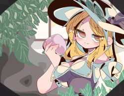 Rule 34 | 1girl, breasts, cleavage, closed mouth, food, fruit, highres, holding, large breasts, looking at viewer, one-hour drawing challenge, peach, plant, r.h no.1 fuyumomo, smile, solo, touhou, upper body, watatsuki no toyohime, white headwear, yellow eyes