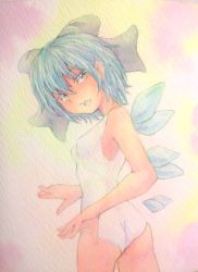 Rule 34 | 1girl, alternate costume, blue eyes, blue hair, bow, breasts, casual one-piece swimsuit, cirno, hair bow, highres, ice, ice wings, looking at viewer, looking back, matching hair/eyes, one-piece swimsuit, open mouth, painting (medium), pink background, short hair, small breasts, solo, swimsuit, touhou, traditional media, twisted torso, watercolor (medium), white one-piece swimsuit, wings, yuyu (00365676)
