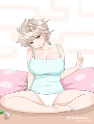 Rule 34 | 1girl, alternate costume, barefoot, braid, breasts, brown eyes, camisole, full body, green camisole, half lotus position, kantai collection, large breasts, long hair, looking at viewer, masara (chuujou), one-hour drawing challenge, panties, pillow, silver hair, single braid, sitting, solo, underwear, unryuu (kancolle), v, very long hair, white panties