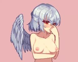 Rule 34 | 1girl, angel wings, animated, arm under breasts, blinking, blush, bouncing breasts, breasts, closed eyes, completely nude, covering own mouth, feathered wings, furumero, hair between eyes, hand over face, kishin sagume, looking at viewer, looking away, medium breasts, nipples, nose blush, nude, pink background, pixel art, red eyes, short hair, silver hair, simple background, single wing, solo, touhou, upper body, video, wings